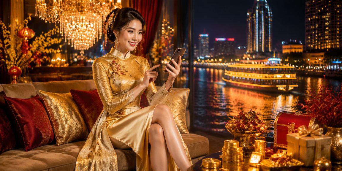 Người phụ nữ mặc áo dài truyền thống sử dụng điện thoại tham gia casino trực tuyến tại vùng Đồng bằng sông Cửu Long