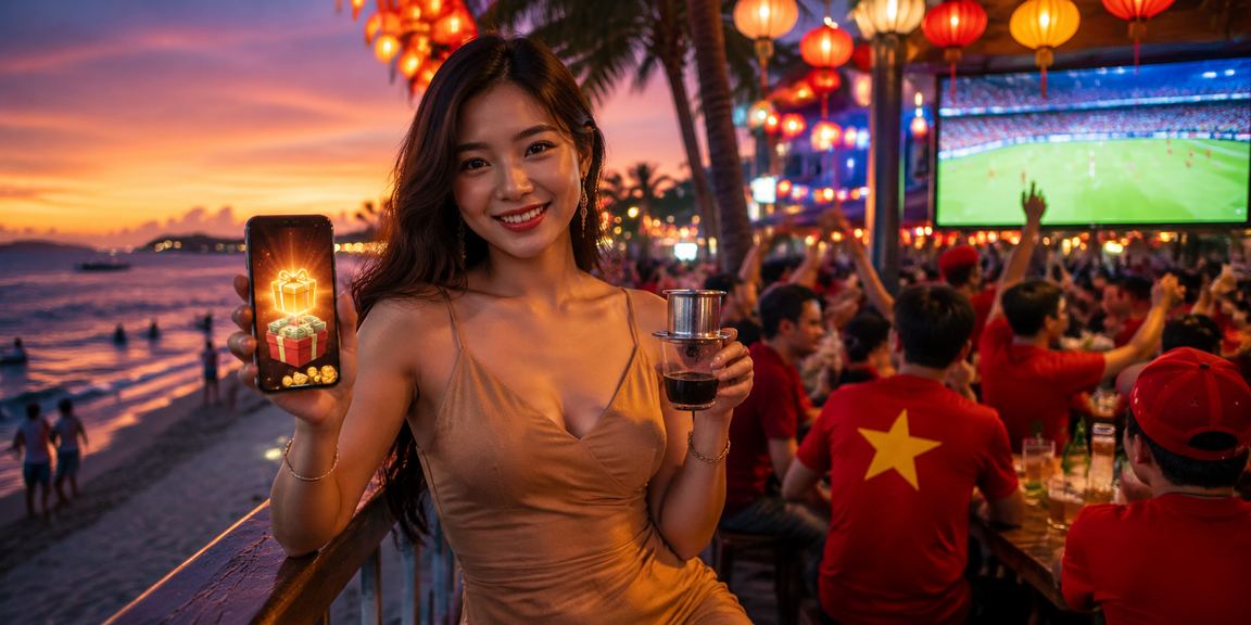 Du khách thư giãn tại Phú Quốc vừa uống cà phê vừa truy cập casino trên điện thoại